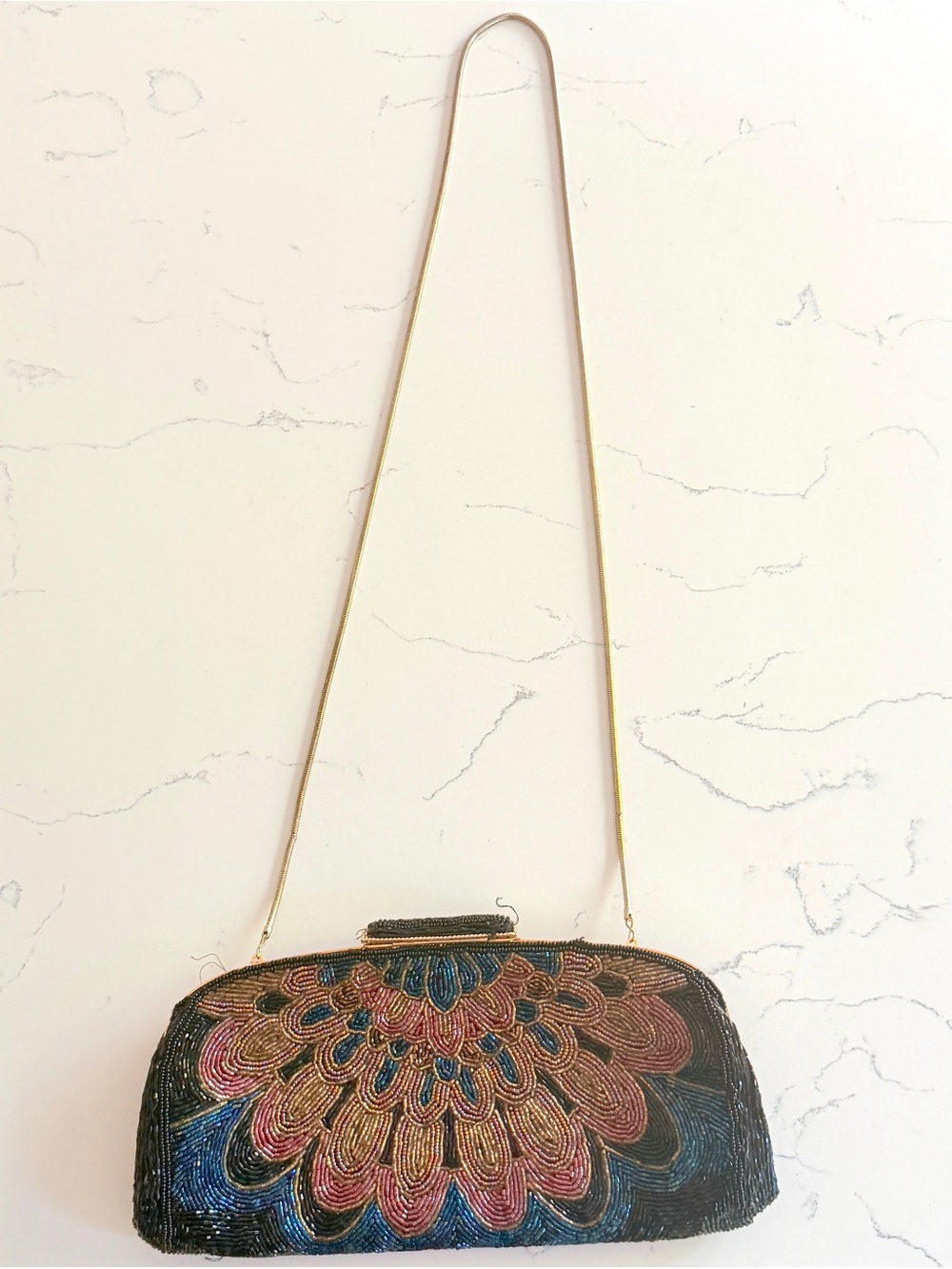 Vintage Beaded Peacock Evening Clutch Purse Art Deco Floral Bag Black Pink Gold - Picture 6 of 9